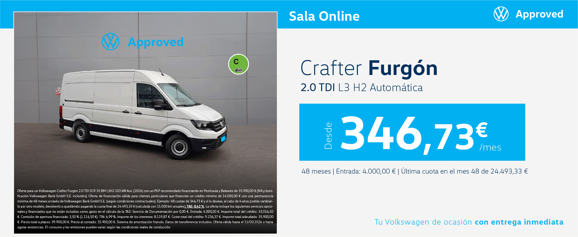 ¡Ocasión! Volkswagen Crafter Furgón desde 346€/mes*
